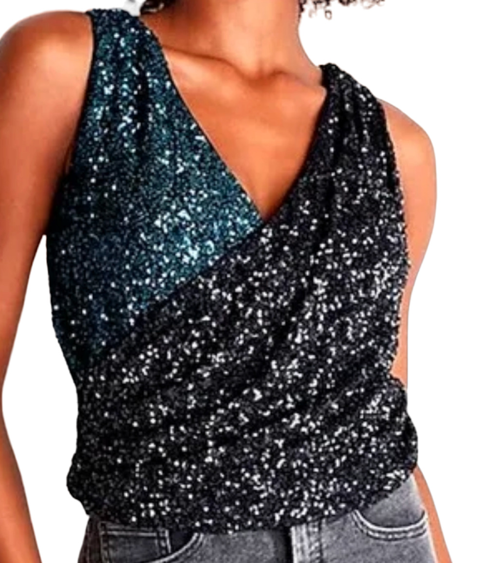 NEW EXPRESS EDITION SEQUIN COLOR BLOCK FAUX WRAP TANK TOP SIZE LARGE